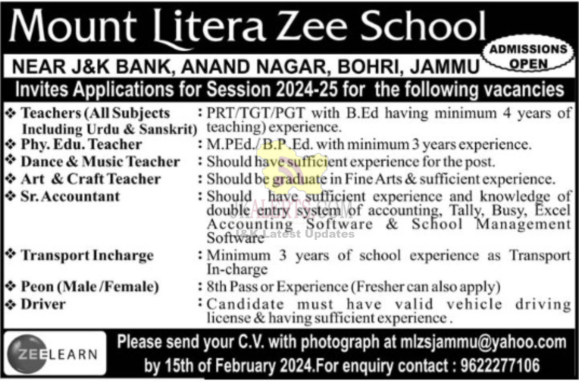 Various Jobs in Mount Litera Zee School.
