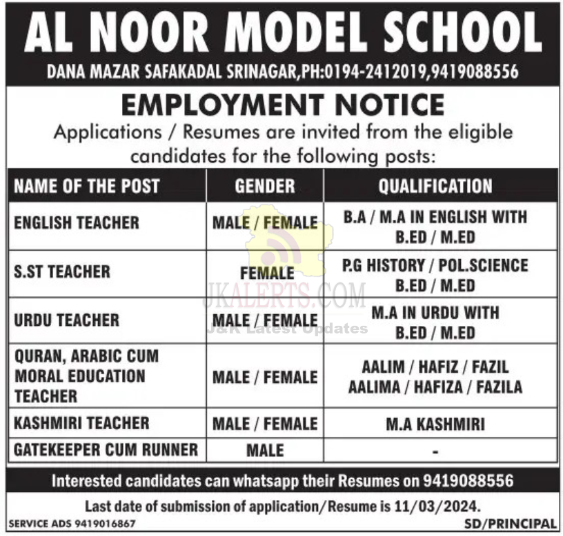 Al Noor Model School Jobs.