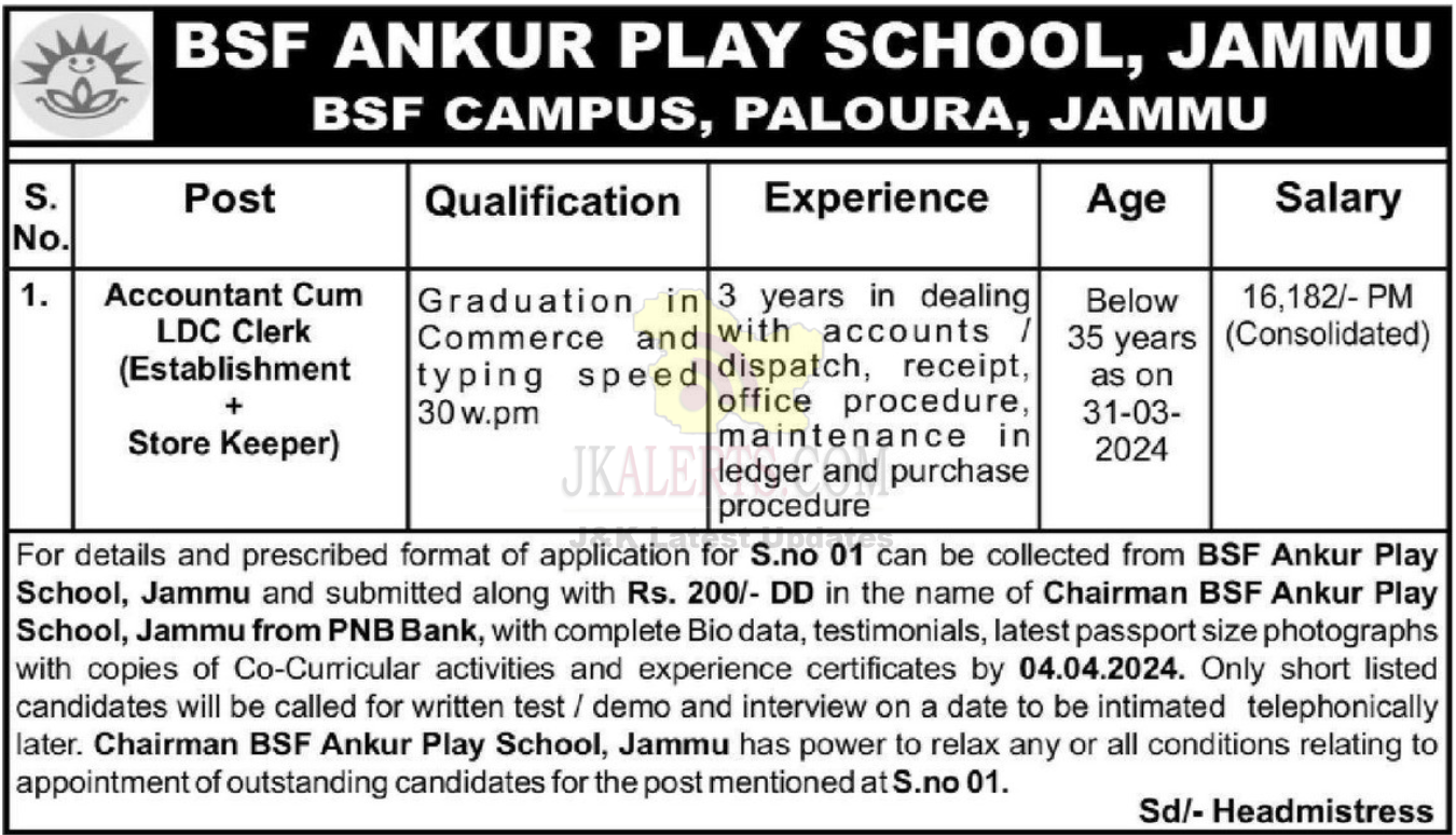 Jobs in BSF Ankur Play School Jammu.