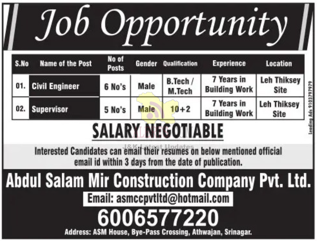 Jobs in Abdul Salam Mir Construction Pvt. Ltd.
