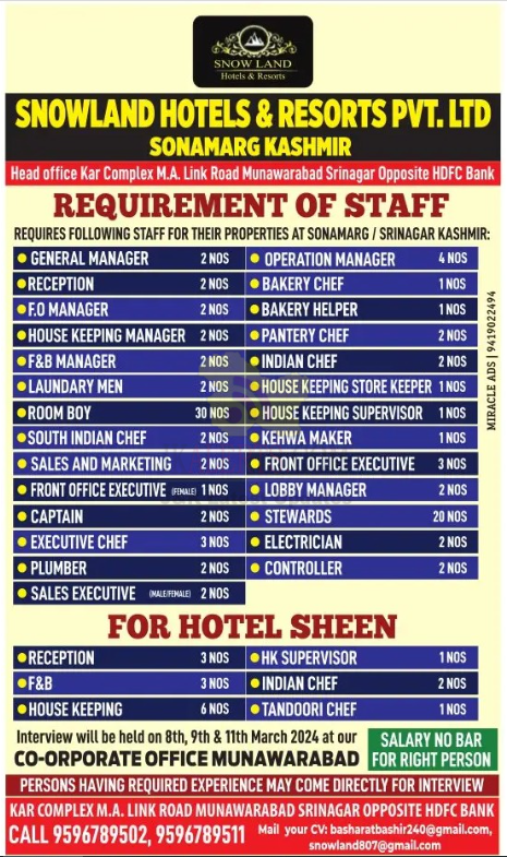 Jobs in Snowland Hotels and Resort Pvt. Ltd.