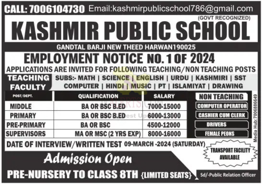 Teaching and Non-Teaching Jobs in Kashmir Public School.