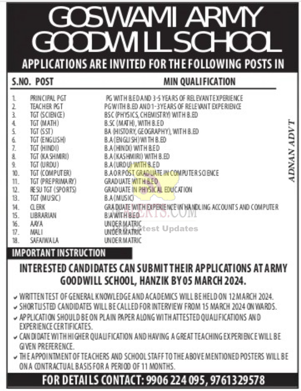 Various Jobs in Goswami Army Goodwill School.