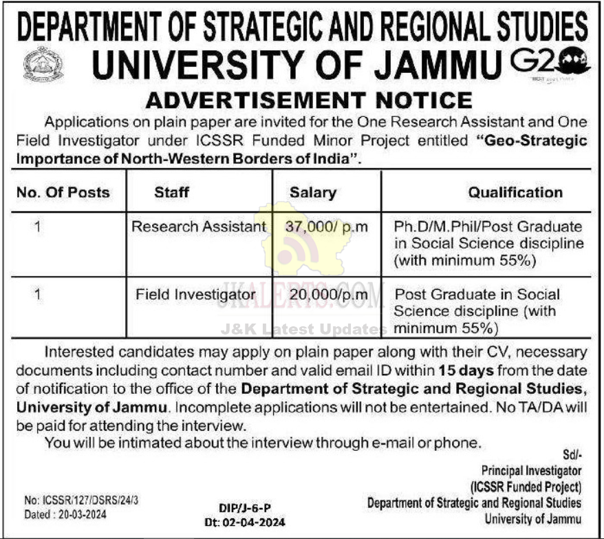 Jammu University Research Assistant and Field Investigator jobs.