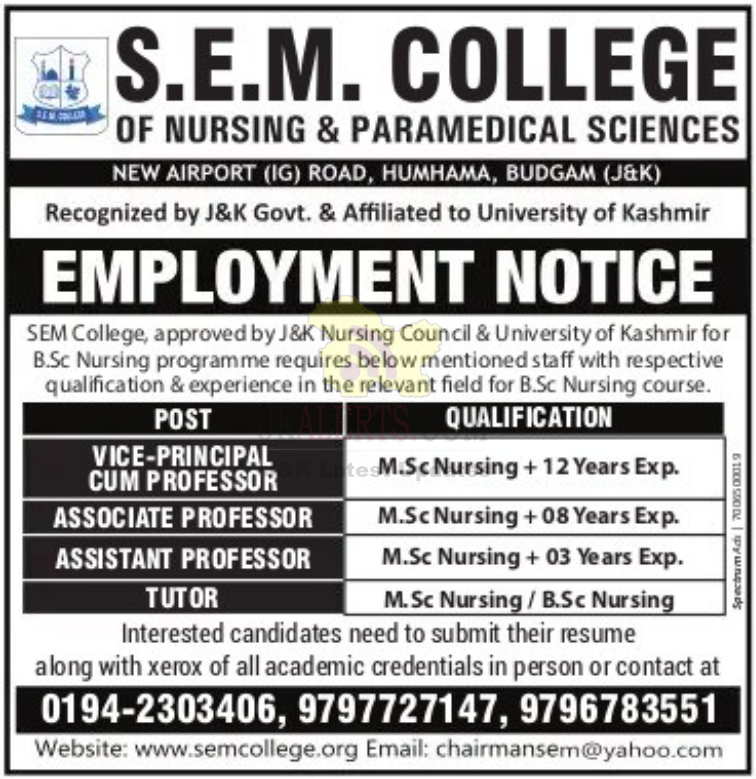 Jobs in S.E.M. College of Nursing & Paramedical Sciences.