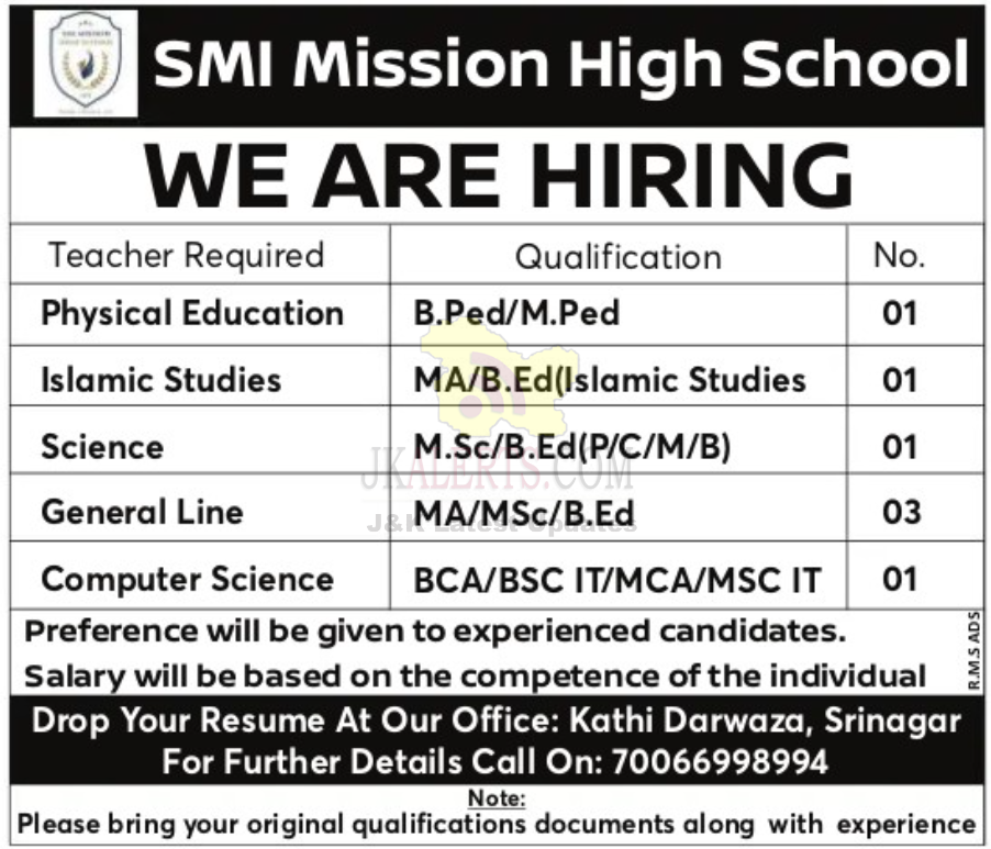 Jobs in SMI Mission High School.