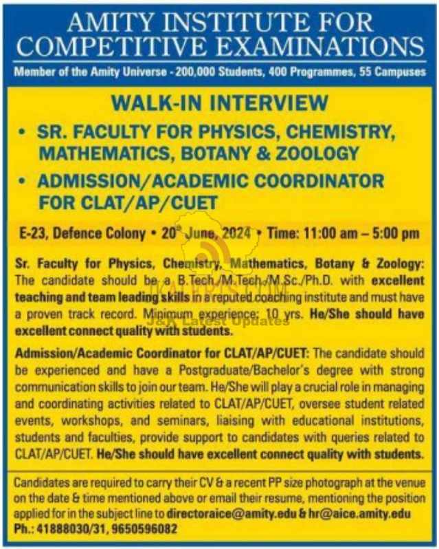 Amity Institute for Competitive Examinations Walk-In-Interview.