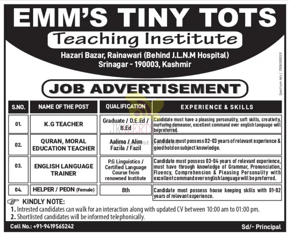 Jobs in EMM'S Tiny Tots Teaching Institute