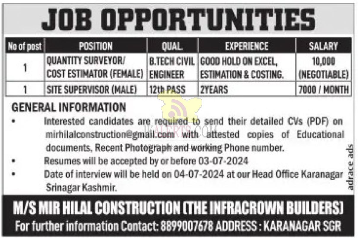 Jobs in M/S Mir Hilal Construction (The Infracrown Builders)