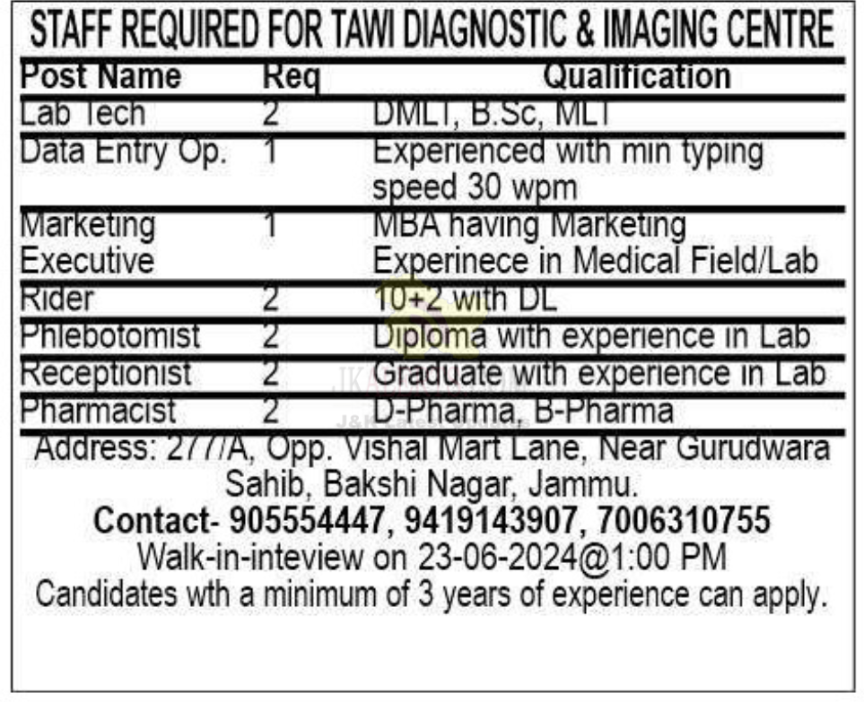 Various Jobs in Tawi Diagnostic and Imaging Centre