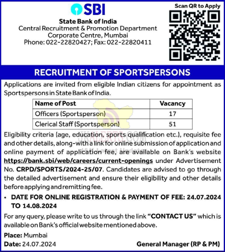 SBI Officers (Sportsperson) and Clerical Staff (Sportsperson) Jobs.