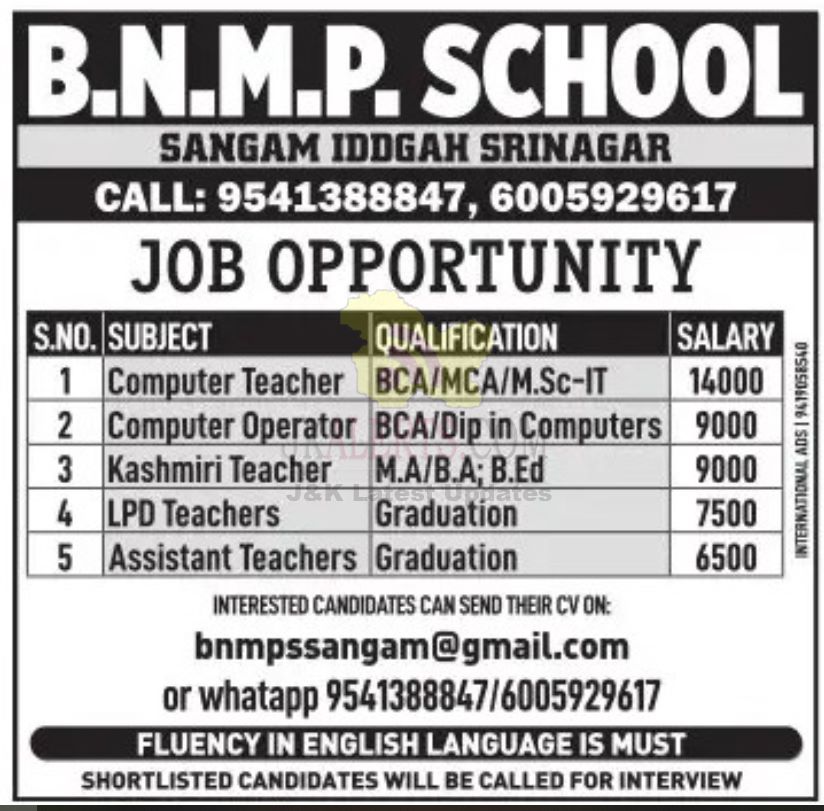 Various Jobs in B.N.M.P. School.