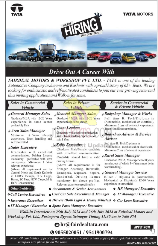 Various Jobs in Tata Motors.