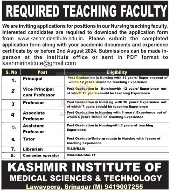 Various Teaching Jobs in Kashmir institute of Medical sciences and technology