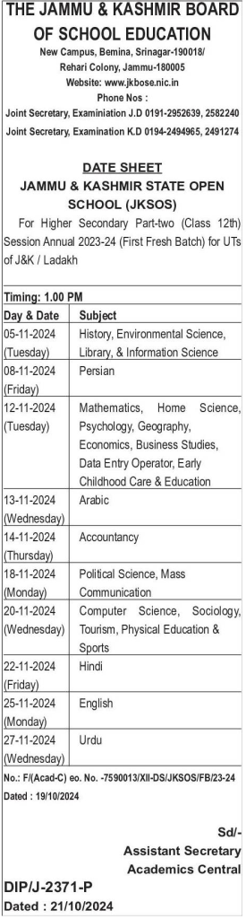 Class 12th Date Sheet.