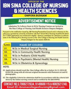 Ibn Sina College of Nursing & Health Sciences Admission 2024.