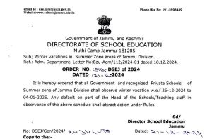 Winter Vacations in Govt and Private School of Jammu Division.