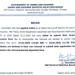 JKSSB notice regarding pending payments for SI Posts.