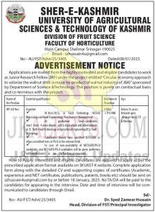 SKUAST Kashmir JRF Jobs.