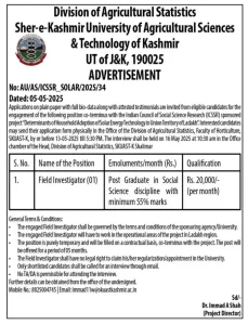 SKUAST Kashmir Field Investigator jobs.