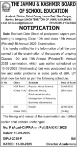 JKBOSE Revised Date Sheet of postponed papers