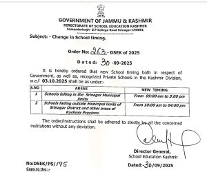 Change of School timing in Kashmir division