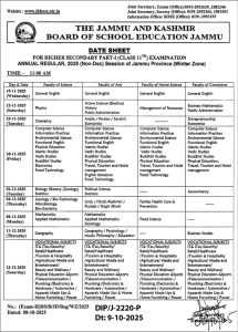 JKBOSE Class 11th Date sheet Jammu province.