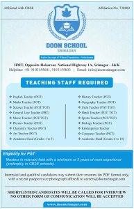 Doon School Srinagar Recruitment 2025.