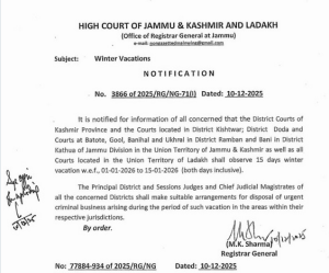 High Court of J&K and Ladakh announces a 15-day winter vacation. High Court of J&K and Ladakh announces a 15-day winter vacation.