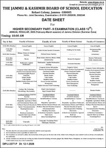 JKBOSE Class 12th Date Sheet 2026 JKBOSE Class 12th Date Sheet 2026