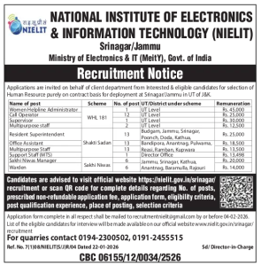 NIELIT Jobs in Srinagar  Jammu 2026.