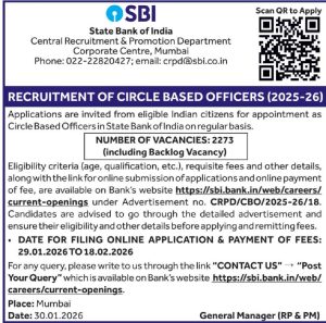 SBI Jobs Recruitment 2026 2273 posts.