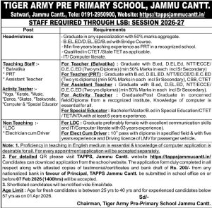 Tiger Army Pre Primary School Jammu Cantt Jobs