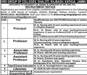 DRD Group of Colleges Recruitment 2026.