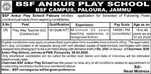 BSF Ankur Play School Jammu Jobs.