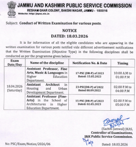 JKPSC Written Examination for various posts.