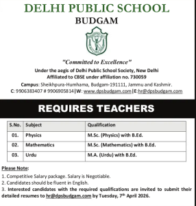 Delhi Public School Budgam Jobs.
