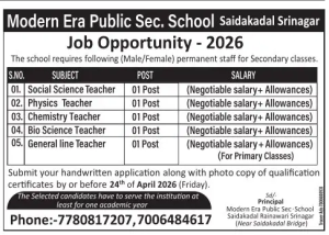 Teacher Jobs in Modern Era Public Sec. School