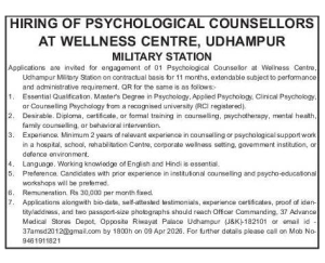 Wellness Centre, Udhampur Military Station Jobs. Wellness Centre, Udhampur Military Station Jobs.