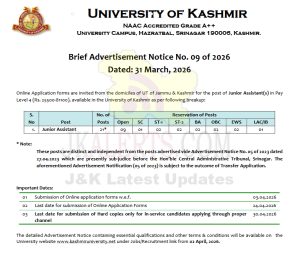 Kashmir University Recruitment 2026  21 Junior Assistant posts.