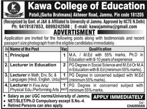 KAWA College of Education Jammu Jobs.