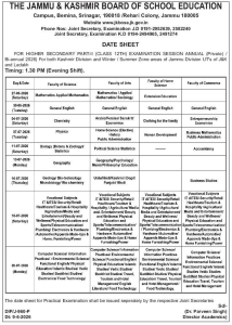 JKBOSE Class 12th Date sheet Private.