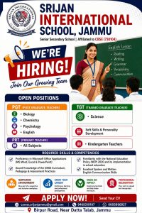 teacher Jobs Srijan International School Jammu Teachers Jobs. Srijan International School Jammu, a Senior Secondary School affiliated to CBSE (Affiliation No. 730104), i