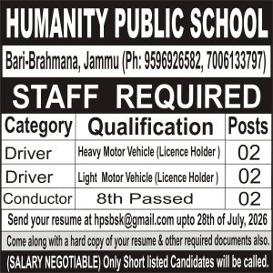 Driver Conductor Jobs in Jammu.