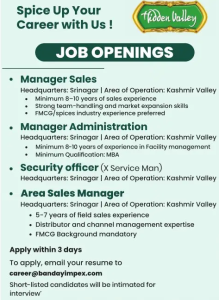 Manager Sales, Manager Administration, Security, ASM Jobs in Kashmir. Manager Sales, Manager Administration, Security, ASM Jobs in Kashmir.