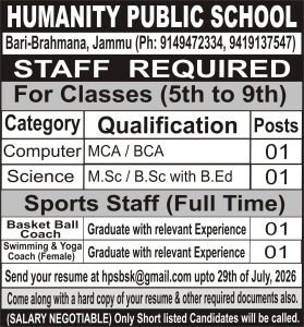 Humanity Public School Jammu Recruitment 2026