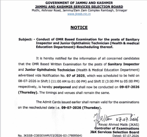 JKSSB notification JKSSB Sanitary Inspector & Junior Ophthalmic Technician Exam Rescheduled