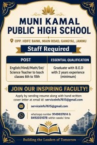 Teacher Jobs in Jammu Muni Kamal Public High School. Teacher Jobs in Jammu Muni Kamal Public High School.