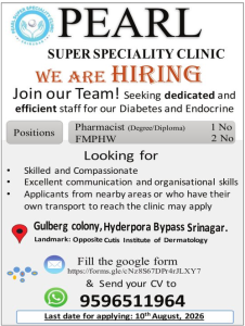 Pearl Super Speciality clinic Jobs Pharmacist, FMPHW Jobs in Pearl Super Speciality Clinic.