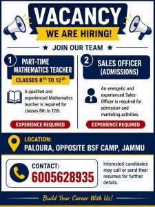c1ee2d04-b0d4-48de-88ab-da2c2254df03 Part Time Teacher, Sales Officer Jobs in Jammu.
